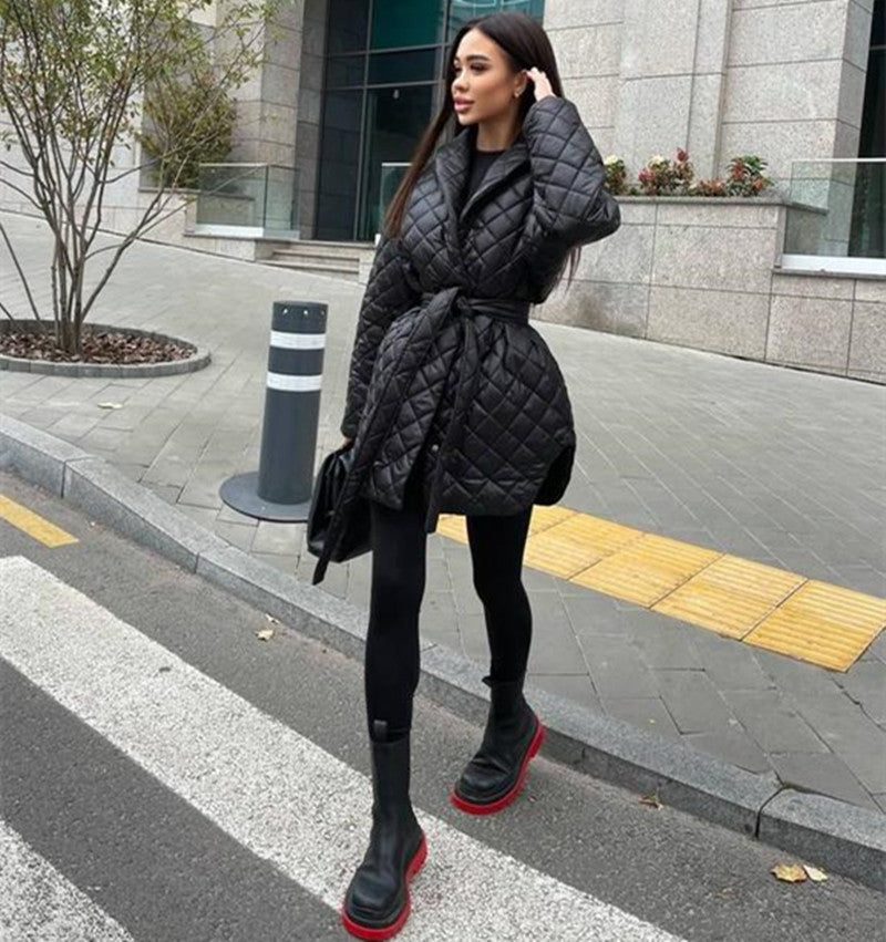 2 European And American Winter Clothing Ins Slim-fit Lace Up Lapel Plaid Cotton-padded Coat