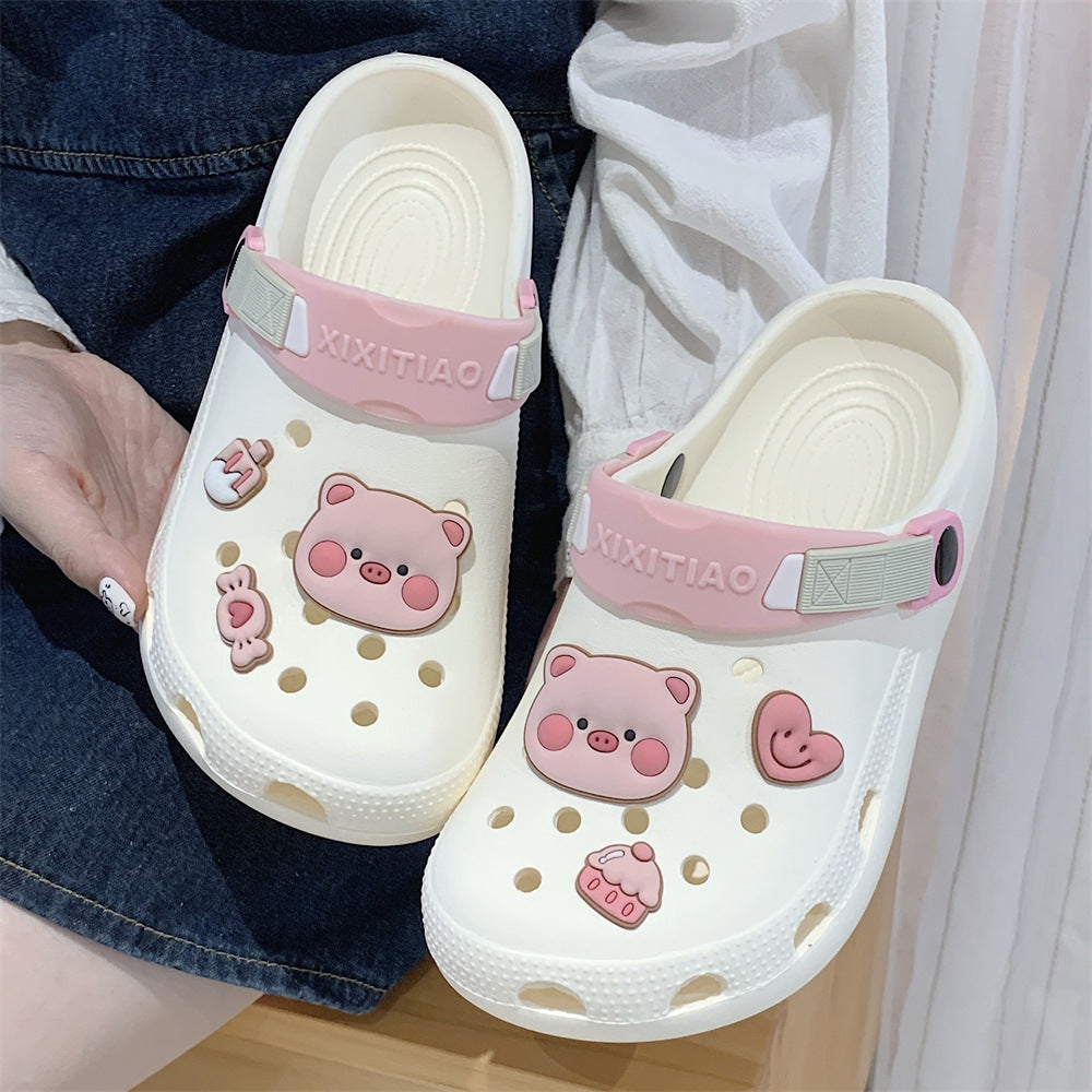 Girl's Closed Toe Ripped Outdoor Shit Feeling Cute Pig Women's Eva Soft Bottom Beach Shoes