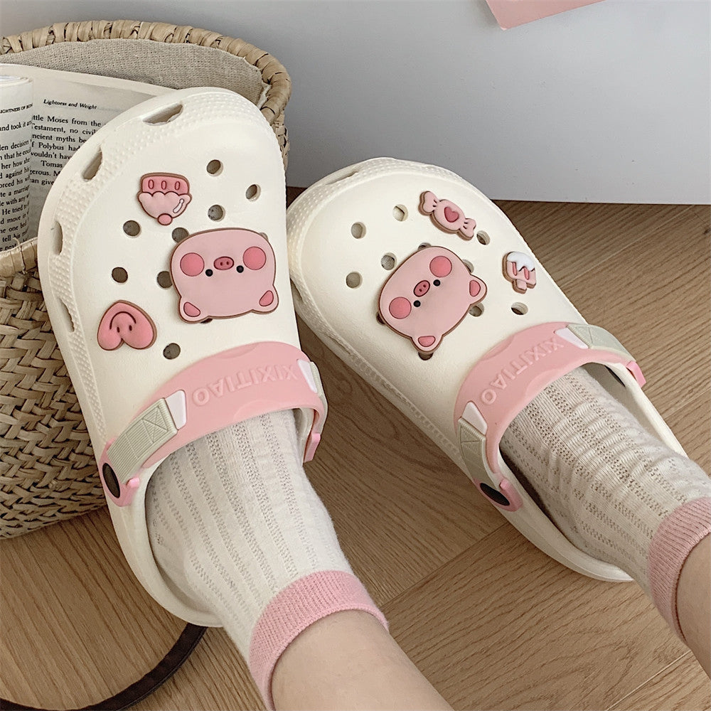 Girl's Closed Toe Ripped Outdoor Shit Feeling Cute Pig Women's Eva Soft Bottom Beach Shoes