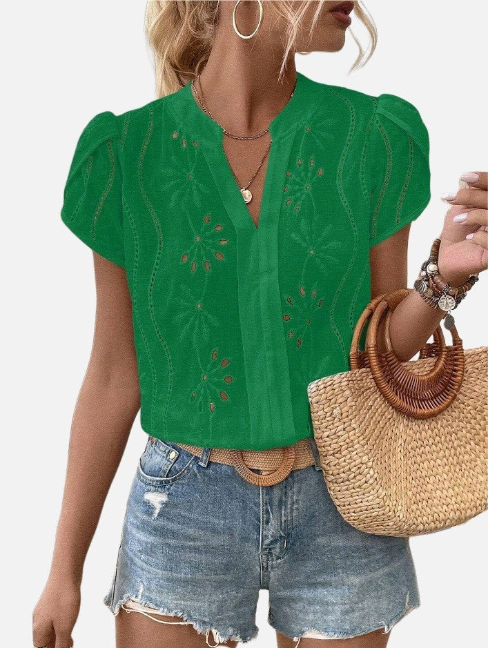 Women's Solid Color Hollow Embroidered Top