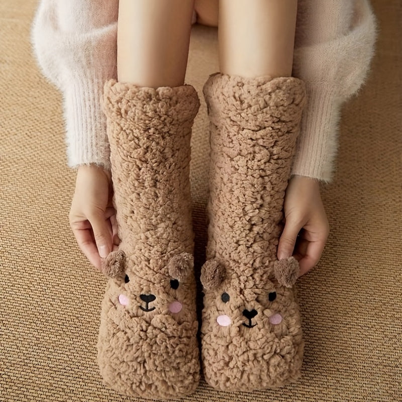 Cute Cartoon Bear Fuzzy Socks For Women, Comfortable Winter Soft Warm Slipper Socks, Casual Sleep Socks For Indoor Women's Fuzzy Socks Winter Warm Fluffy Soft Slipper Home Sleeping Cute Animal Socks