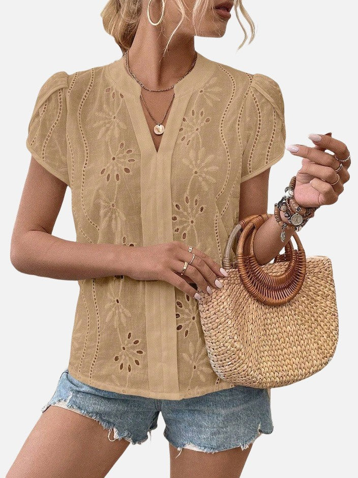 Women's Solid Color Hollow Embroidered Top