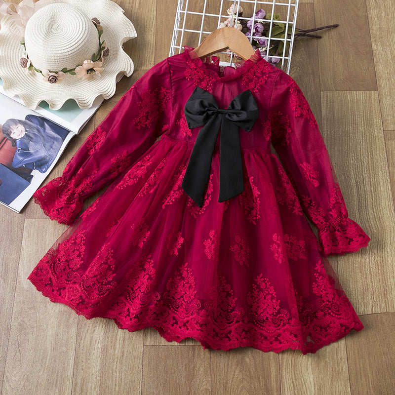 Children's Clothing Autumn New Girls' Princess Dress Long Sleeve Lace Bow Dress 3-8 Years Old Sweet Skirt