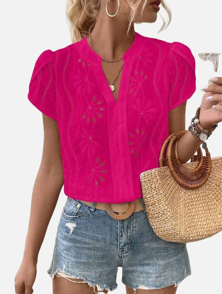 Women's Solid Color Hollow Embroidered Top