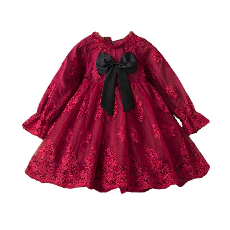 Children's Clothing Autumn New Girls' Princess Dress Long Sleeve Lace Bow Dress 3-8 Years Old Sweet Skirt