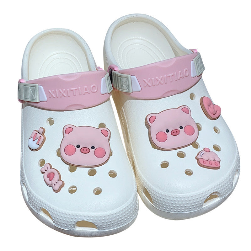 Girl's Closed Toe Ripped Outdoor Shit Feeling Cute Pig Women's Eva Soft Bottom Beach Shoes