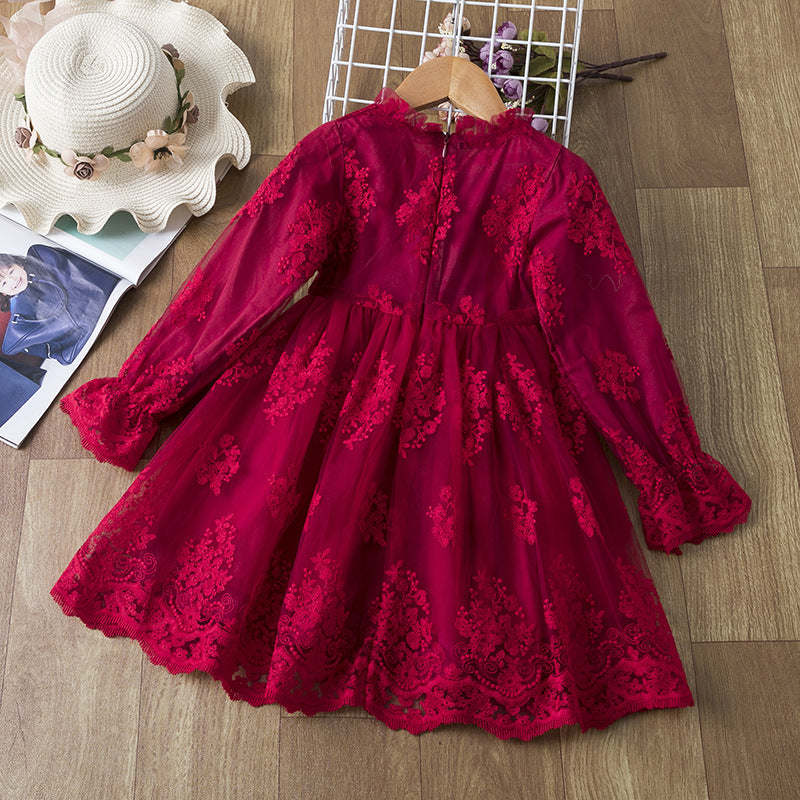 Children's Clothing Autumn New Girls' Princess Dress Long Sleeve Lace Bow Dress 3-8 Years Old Sweet Skirt