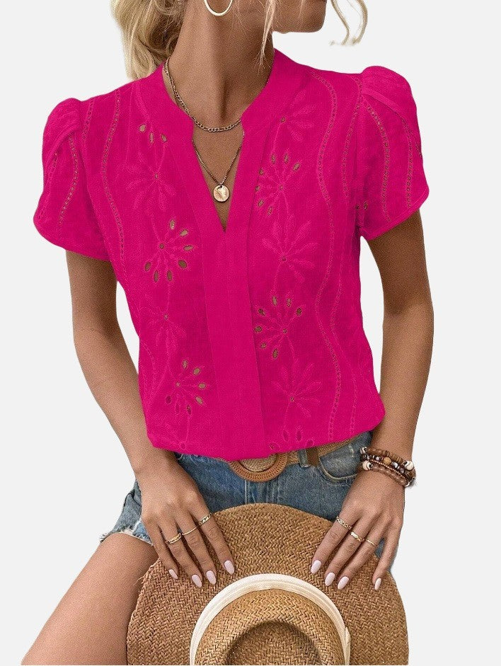 Women's Solid Color Hollow Embroidered Top