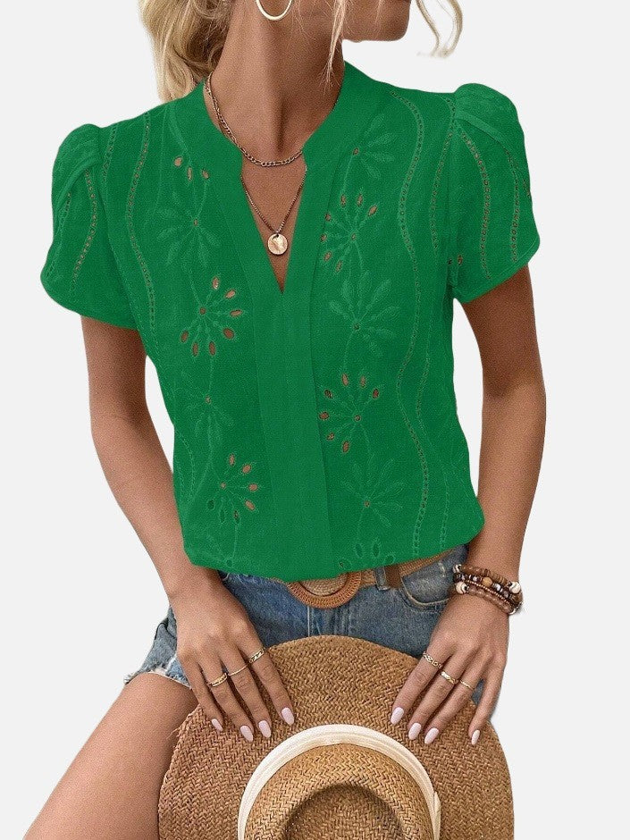 Women's Solid Color Hollow Embroidered Top