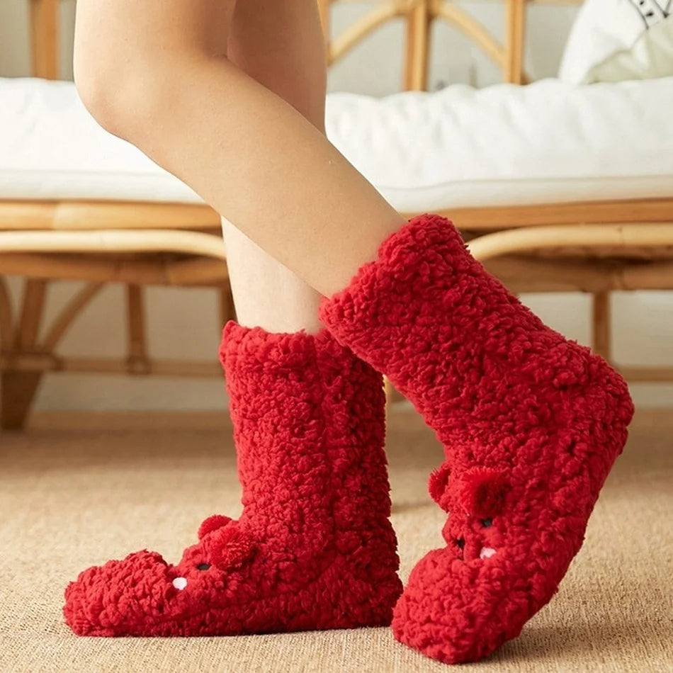 Cute Cartoon Bear Fuzzy Socks For Women, Comfortable Winter Soft Warm Slipper Socks, Casual Sleep Socks For Indoor Women's Fuzzy Socks Winter Warm Fluffy Soft Slipper Home Sleeping Cute Animal Socks